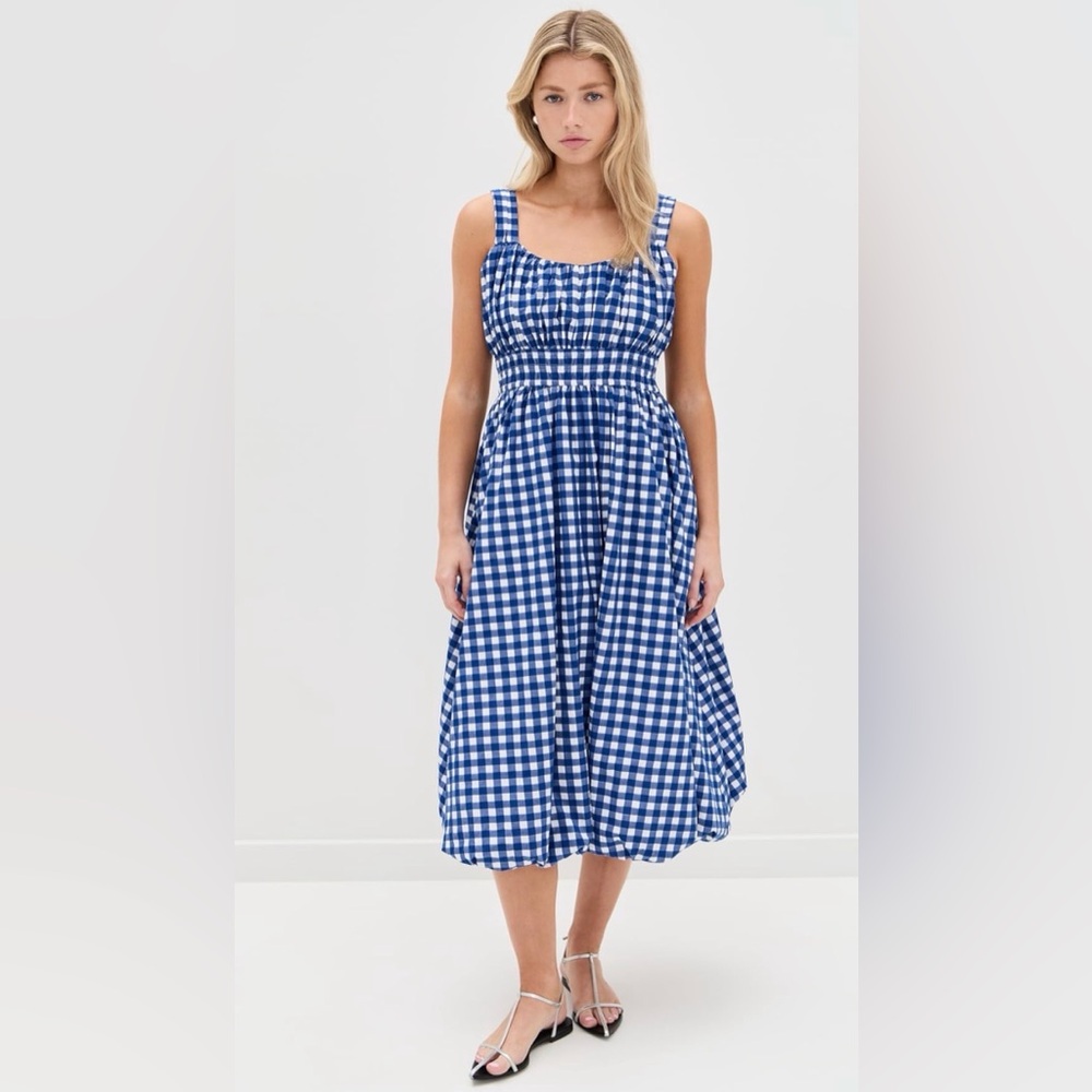DARLING! NWT Tuckernuck Sea New York Cobalt Gingham Bubble Spring Dress Sz L - Picture 2 of 6